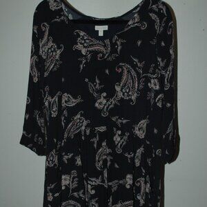 Garnet Hill Black Paisley Midi Dress Size 12 – Flowy Boho Long Sleeve & Pockets